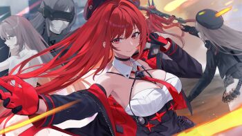 Rule 34 | 5girls, ammunition, ammunition belt, beret, black jacket, black skirt, breasts, cleavage, commentary request, gloves, goddess of victory: nikke, hat, head-mounted display, highres, jacket, large breasts, long hair, multiple girls, multiple persona, nagato tsumugu, necktie, rapi (mass produced) (nikke), rapi (nikke), rapi (red hood) (nikke), rapi (young) (nikke), red eyes, red gloves, red hair, red hood, red hood (nikke), red necktie, robe, shirt, skirt, small breasts, smile, very long hair, white robe, white shirt