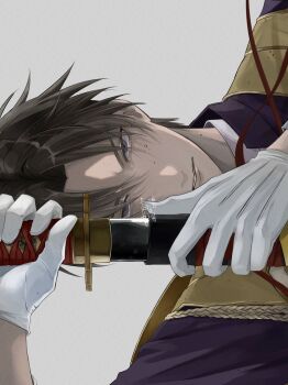 Rule 34 | 1567date, 1boy, brown hair, collared shirt, commentary request, drawing sword, gloves, grey background, heshikiri hasebe, highres, holding, holding sword, holding weapon, looking at viewer, male focus, parted hair, parted lips, purple eyes, purple robe, robe, sanpaku, shirt, simple background, solo, sword, touken ranbu, weapon, white gloves, white shirt