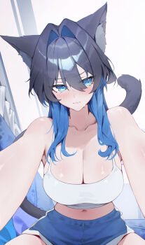 absurdres alternate_costume animal_ears averting_eyes bare_arms blue_eyes blue_hair blue_shorts blush breasts camisole cat_ears cat_girl closed_mouth colored_inner_hair commentary crop_top double-parted_bangs fang hair_between_eyes hair_intakes highres hololive hololive_english large_breasts long_hair loungewear midriff multicolored_hair navel official_alternate_hairstyle ouro_kronii outstretched_arms reaching reaching_towards_viewer short_shorts shorts sitting skin_fang virtual_youtuber white_camisole wolf_cut yoellim5