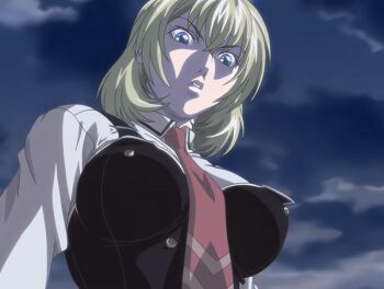 00s 1girl 2005 american animated animated_gif anime_screenshot bible_black bible_black_new_testament blonde_hair bouncing_breasts bow bowtie breasts cloud cloudy_sky female_focus jody_crowley large_breasts pentagram school_uniform shin_bible_black shirt short_hair sky smirk tagme
