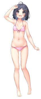 1girl ahoge barefoot bikini black_eyes black_hair blush breasts breasts_apart collarbone commentary_request front-tie_bikini_top front-tie_top full_body gluteal_fold hair_ornament hand_up highres hikigaya_komachi looking_at_viewer lowleg lowleg_bikini meri-san navel open_mouth pink_bikini short_hair side-tie_bikini_bottom simple_background small_breasts smile solo standing string_bikini swimsuit white_background x_hair_ornament yahari_ore_no_seishun_lovecome_wa_machigatteiru.