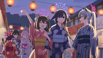 6+girls :d :o ^_^ alternate_costume animal_ears animal_hair_ornament architecture bag black_hair blue_archive blue_kimono blue_sash braid brown_hair candy_apple character_request clenched_hand closed_eyes commentary_request cowboy_shot curled_fingers east_asian_architecture evening extra_ears festival floral_print floral_print_kimono food fox_ears fox_girl from_behind from_side gradient_hair hair_between_eyes hair_bun hair_intakes hair_ornament hair_over_one_eye hair_ribbon hairpin halo hand_on_own_cheek hand_on_own_face hand_up hanging_lantern highres holding holding_another&#039;s_wrist holding_bag holding_foo holding_hands holding_napkin izuna_(blue_archive) japanese_clothes kaede_(blue_archive) kimono lantern long_hair medium_hair michiru_(blue_archive) mikan_battery mimori_(blue_archive) multicolored_hair multicolored_kimono multiple_girls obijime open_mouth orange_hair peroro_(blue_archive) pink_hair print_kimono rabbit_ears rabbit_girl raccoon_ears red_halo red_kimono red_sash ribbon sash short_hair shuriken_print sidelocks single_hair_bun sleeves_past_wrists smile striped_clothes striped_kimono takoyaki tsubaki_(blue_archive) tsukuyo_(blue_archive) twintails two-tone_hair vertical-striped_clothes vertical-striped_kimono white_hair white_kimono white_sash yellow_sash