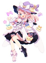 Rule 34 | 1girl, :d, asymmetrical footwear, blue eyes, blush, boots, bow, controller, dress, frilled dress, frills, full body, game controller, hair bow, hair ornament, hat, heterochromia, huwaduck, indie virtual youtuber, looking at viewer, mamyouda, mismatched footwear, open mouth, pink hair, purple bow, purple eyes, purple hat, smile, solo, star-shaped pupils, star (symbol), symbol-shaped pupils, virtual youtuber, white background, white dress, witch hat