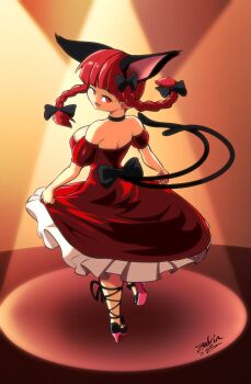 1girl absurdres alternate_costume animal_ears black_shoes braid breasts cat_ears cat_girl cat_tail commentary dress english_commentary extra_ears frilled_dress frills full_body high_heels highres kaenbyou_rin large_breasts lifting_own_clothes pointy_ears red_dress red_hair shoes side_braids signature solo stage_lights strapless strapless_dress tail touhou twin_braids zedrin