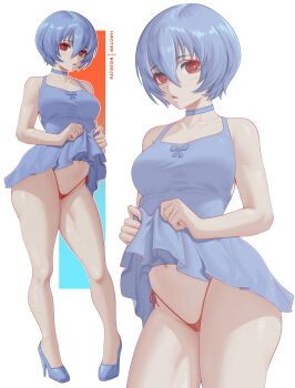 1girl :o absurdres ayanami_rei bare_legs blue_choker blue_hair blush breasts choker clothes_lift dress dress_lift expressionless full_body hair_between_eyes heart high_heels highleg highleg_panties highres hip_focus legs lifting_own_clothes medium_breasts medium_hair melowh multiple_views navel neon_genesis_evangelion orange_panties panties red_eyes short_dress side-tie_panties solo standing staring string_panties thighs underwear