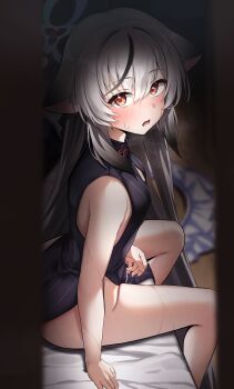 1girl absurdres animal_ears black_dress black_hair blue_archive blush breasts dress grey_hair halo highres kokona_(blue_archive) kuromiz loli long_hair looking_at_viewer multicolored_hair paid_reward_available sitting sleeveless small_breasts solo tiger_ears tiger_girl