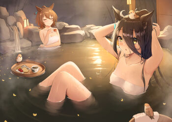 2girls absurdres adjusting_hair agnes_tachyon_(umamusume) ahoge alternate_costume animal_ears arms_up bare_shoulders bathing bird breasts brown_hair chemical_structure chestnut_mouth closed_eyes closed_mouth collarbone commentary_request cup disposable_cup earrings eurasian_tree_sparrow floating_tray fritz614 hair_between_eyes highres holding holding_cup horse_ears horse_girl jewelry knees_up manhattan_cafe_(umamusume) medium_breasts multicolored_hair multiple_girls naked_towel onsen open_mouth petals ponytail short_hair single_earring sitting small_breasts sparrow steam streaked_hair teacup towel tray umamusume water white_hair yellow_eyes