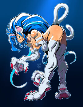 1girl :3 a.b.singh abs ahoge animal_ears animal_feet animal_hands ass bent_over biceps big_hair blue_background blue_hair body_fur breasts capcom cat_ears cat_girl cat_paws cat_tail claws closed_mouth darkstalkers felicia_(darkstalkers) full_body green_eyes highres huge_ahoge large_breasts large_hands long_hair looking_at_viewer medium_breasts muscular muscular_female pawpads revealing_clothes sharp_toenails simple_background slit_pupils smile soles solo standing tail thick_thighs thighs toenails top-down_bottom-up very_long_hair white_fur