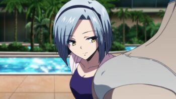 10s 2girls akuma_no_riddle animated animated_gif ass ass_shake azuma_tokaku bikini butt_crack grin hairband multiple_girls pool poolside short_hair shutou_suzu smile swimsuit yellow_eyes