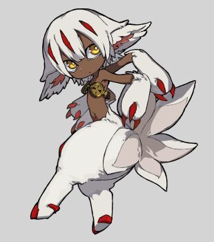 1girl allsu_official animal_ears animal_feet animal_hands claws dark-skinned_female dark_skin extra_arms faputa full_body grey_background hashtag-only_commentary highres looking_at_viewer looking_back made_in_abyss monster_girl multiple_tails short_hair simple_background solo tail white_hair yellow_eyes