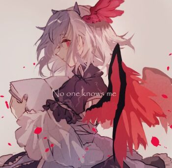 1girl book closed_mouth commentary_request english_text feathered_wings grey_background grey_hair grey_horns head_wings holding holding_book horns looking_at_viewer medium_hair one-hour_drawing_challenge open_book red_eyes red_wings shinjitsu_no_kuchi simple_background small_horns smile solo tokiko_(touhou) touhou wings