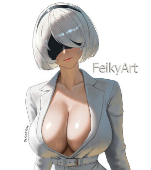 1girl 2b_(nier:automata) artist_name blindfold breasts cleavage collarbone feikyart grey_hair highres large_breasts nier:automata nier_(series) shirt short_hair simple_background solo upper_body white_background white_shirt