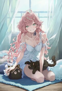 1girl absurdres animal animal_on_lap bare_shoulders black_cat breasts cat cleavage commentary curtains english_commentary green_eyes highres indoors large_breasts long_hair looking_at_viewer m.q_(mqkyrie) nautika_(reverse:1999) neck_tattoo nightgown on_lap pink_hair reverse:1999 smile solo tattoo very_long_hair white_nightgown wooden_floor