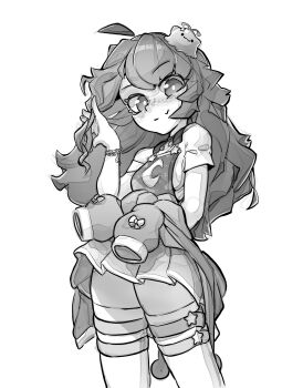 1girl absurdres blob bow bracelet centi_(nimu) dress glitchrod greyscale hair_bow hair_ornament highres indie_virtual_youtuber jewelry long_hair monochrome nimu_(vtuber) nimu_(vtuber)_(3rd_costume) off-shoulder_shirt off_shoulder shirt star_(symbol) star_hair_ornament thighhighs virtual_youtuber white_thighhighs