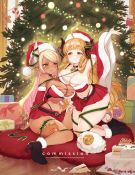 2girls ahoge anila_(granblue_fantasy) arm_up armpits bare_shoulders bell belt black_belt black_panties black_shoes blonde_hair blunt_bangs blush box breasts cake christmas christmas_tree cleavage commentary commission curled_horns dark-skinned_female dark_skin detached_sleeves draph english_commentary food fur-trimmed_headwear fur-trimmed_sleeves fur_trim gift gift_box granblue_fantasy green_ribbon hand_on_another's_thigh hat high_heels highleg highleg_panties highres horn_ornament horn_ribbon horns indoors kumbhira_(granblue_fantasy) large_breasts leg_ribbon long_hair looking_at_another microskirt multiple_girls navel neck_bell panties pig pleated_skirt pointy_ears red_skirt ribbon santa_costume santa_hat sheep sheep_horns shoes short_eyebrows sitting skindentation skirt smile sumustard thick_eyebrows thigh_ribbon underwear very_long_hair yellow_eyes