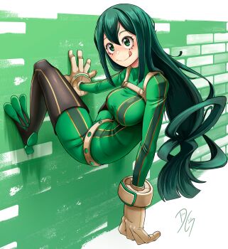 Rule 34 | 1girl, :q, absurdres, asui tsuyu, bodysuit, boku no hero academia, breasts, chest harness, closed mouth, dilan griz, double-parted bangs, frog girl, full body, gloves, green background, green bodysuit, green eyes, green hair, hair between eyes, harness, highres, large breasts, long hair, looking at viewer, on wall, smile, solo, tongue, tongue out, walking on wall, yellow gloves