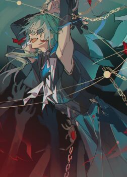 1boy anaxa_(honkai:_star_rail) aqua_hair armpits arms_up chain cracked_skin earrings gem hair_between_eyes hair_intakes highres honkai:_star_rail honkai_(series) jewelry lapels male_focus mandarin_collar medium_hair notched_lapels open_mouth red_gemstone rhm_ooo shirt side_ponytail single_earring smile solo white_shirt