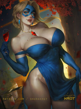 1girl alcohol bare_shoulders blonde_blazer blonde_hair blue_dress blue_gloves blue_mask breasts cleavage collarbone commentary cowboy_shot cup dispatch dress drinking_glass elbow_gloves english_commentary eye_mask gem gloves holding holding_cup huge_breasts lips long_hair mask muscular muscular_female no_panties nose red_gem red_wine shurakrgt solo wine wine_glass