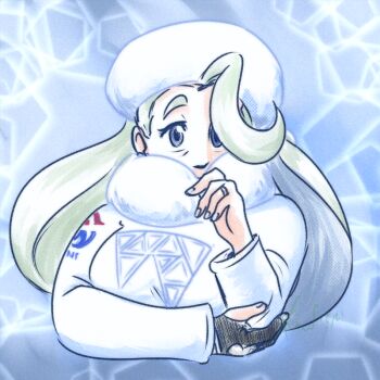 1girl arm_support arm_under_breasts blue_eyes breasts cropped_torso earrings funakounasoul fur_collar fur_hat gloves hand_up hat jewelry large_breasts long_hair long_sleeves mature_female melony_(pokemon) multicolored_hair nintendo open_mouth pearl_earrings pokemon pokemon_swsh ring single_glove solo streaked_hair ushanka wedding_ring white_hat