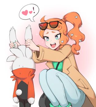 1girl ^^^ bag coat commentary eyelashes eyewear_on_head gen_8_pokemon green_eyes green_nails hair_ornament handbag heart heart-shaped_pupils heart_hair_ornament highres long_hair long_sleeves milka_(milk4ppl) nail_polish nintendo open_mouth orange_hair pants pokemon pokemon_(anime) pokemon_(creature) pokemon_journeys pokemon_sm_(anime) pokemon_swsh raboot side_ponytail smile sonia_(pokemon) spoken_heart squatting sunglasses sweat symbol-shaped_pupils teeth tongue