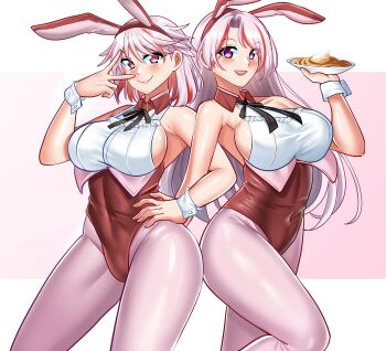 2girls absurdres adapted_costume animal_ears breasts covered_navel cowboy_shot detached_collar feet_out_of_frame framed_breasts giuseppe_garibaldi_(kancolle) gloves highres kantai_collection katou_shinobu large_breasts leotard long_hair luigi_di_savoia_duca_degli_abruzzi_(kancolle) multicolored_hair multiple_girls pantyhose pink_eyes pink_hair pink_pantyhose playboy_bunny purple_pantyhose rabbit_ears rabbit_tail red_hair red_leotard shirt sideboob smile standing standing_on_one_leg strapless strapless_leotard streaked_hair tail white_gloves white_shirt wrist_cuffs