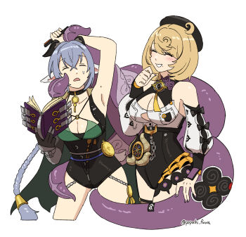 2girls accessories animal_ears armpits arms_up asymmetrical_shorts bare_shoulders beret black_bow black_hat black_horns black_unitard blonde_hair blue_hair blush book bow braid breasts button_gap choker cleavage closed_eyes collarbone cowboy_shot cropped_legs crossed_bangs detached_sleeves goat_ears goat_girl goat_horns grin hair_between_eyes hat high-waist_shorts highres holding holding_book horns implied_yuri key key_choker large_breasts long_hair lucia_elowen medallion mole mole_on_arm mole_under_mouth monster_girl multiple_girls o-ring o-ring_top open_mouth parted_lips pointy_ears popochi_fuwa purple_nails scylla shirt short_hair shorts simple_background single_bare_shoulder single_sleeve single_thighhigh smile suction_cups sweatdrop tentacle_girl tentacle_tail tentacles thighhighs twin_braids twitter_username white_background white_shirt white_sleeves yidhari_murphy zenless_zone_zero