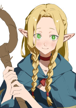 1girl 333takoyaki absurdres blonde_hair blue_capelet blue_robe blush braid capelet choker closed_mouth commentary_request dungeon_meshi elf green_eyes highres holding holding_staff hood hood_down hooded_capelet long_hair long_sleeves looking_at_viewer marcille_donato pointy_ears red_choker robe side_braids simple_background solo staff white_background