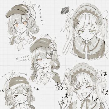 >_< 2girls absurdres braid braided_hair_rings capelet closed_eyes commentary_request deerstalker glaring hair_rings hand_to_own_mouth hand_up hat highres index_finger_raised laughing long_hair long_sleeves looking_at_viewer mahou_shoujo_no_majo_saiban multiple_expressions multiple_girls multiple_views one_eye_closed open_mouth partially_colored short_hair sihat_13 smile tachibana_sherry tears tono_hanna translation_request twintails upper_body upturned_eyes yellow_eyes