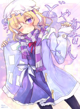 Rule 34 | 1girl, blonde hair, blush, bow, bowtie, commentary, dated, doyagao, dress, earmuffs, frilled dress, frills, hand warmer, hat, jacket, long hair, looking at viewer, maribel hearn, mob cap, motion lines, notice lines, one eye closed, pantyhose, pom pom (clothes), purple dress, purple eyes, purple jacket, purple scarf, red bow, red bowtie, sash, scarf, sleeves past wrists, smile, smug, solo, sound effects, speed lines, striped clothes, striped scarf, teruteruyohou, touhou, translation request, variant set, white bow, white hat, white sash, winter clothes, winter uniform