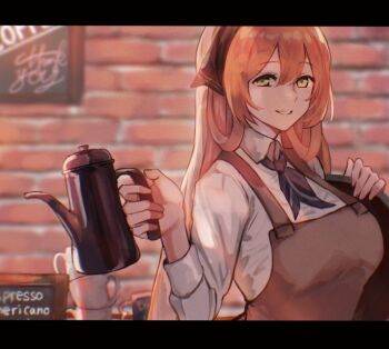 1girl a_0ekaki apron ascot breasts brick_wall brown_hair cafe coffee_mug coffee_pot collared_shirt commentary_request cup girls'_frontline green_eyes hair_between_eyes hair_rings holding holding_tray large_breasts letterboxed long_hair long_sleeves looking_at_viewer menu_board mug shirt sidelocks smile solo springfield_(girls'_frontline) tray upper_body white_shirt