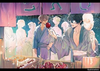 Rule 34 | 2boys, akechi gorou, amamiya ren, black-framed eyewear, black border, black hair, blue eyes, border, brown hair, candy apple, collarbone, commentary, cotton candy, english commentary, festival, food, glasses, highres, holding, holding cotton candy, holding food, japanese clothes, letterboxed, looking at another, low ponytail, male focus, multiple boys, open mouth, palmtreehero, people, persona, persona 5, ponytail, red eyes, short hair, standing, twitter username, yaoi