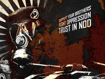 1boy beret command_&amp;_conquer english_text hat logo mask military military_vehicle motor_vehicle propaganda tank vehicle