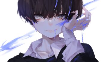 Rule 34 | 1boy, bandaged arm, bandages, black hair, black shirt, blood, blood from mouth, blood in hair, blood on face, blood on hands, blue blood, closed mouth, grey eyes, hair between eyes, hand on own cheek, hand on own face, hand up, hashtag-only commentary, highres, long sleeves, looking at viewer, male focus, mooshiki, original, portrait, shirt, short hair, solo, white background