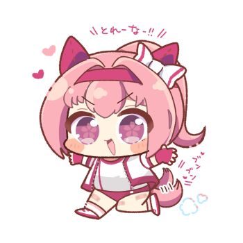 1girl :d animal_ears bandaid bandaid_on_leg blush_stickers bow buruma chibi chibi_only commentary_request ear_bow ear_covers fingerless_gloves flower-shaped_pupils full_body gloves hair_intakes hairband haru_urara_(bestest_prize)_(umamusume) haru_urara_(umamusume) heart highres horse_ears horse_girl horse_tail jacket looking_at_viewer mokemongetdaze open_clothes open_jacket open_mouth pink_eyes pink_hair pink_socks red_buruma red_gloves red_hairband shirt shoes short_hair simple_background smile socks solo standing standing_on_one_leg striped_clothes striped_socks symbol-shaped_pupils tail tail_wagging translated umamusume v-shaped_eyebrows white_background white_bow white_jacket white_shirt white_shoes
