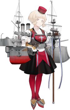 1girl akira_(kadokawa) bad_link black_skirt blonde_hair cross full_body grey_eyes hat kantai_collection looking_at_viewer machinery mast norge_(kancolle) official_art pantyhose red_hat red_pantyhose short_hair skirt smokestack solo standing transparent_background