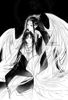 Rule 34 | 2boys, aki uzuzame, angel, angel wings, bishounen, black background, black hair, chinese clothes, circlet, closed mouth, commentary request, couple, feathered wings, greyscale, hair ornament, halo, hanfu, headband, highres, hug, hug from behind, jewelry, lan wangji, light particles, long hair, long sleeves, looking at another, looking at viewer, looking up, male focus, modao zushi, monochrome, multiple boys, necklace, ponytail, robe, sitting, sitting on lap, sitting on person, smile, tassel, tassel hair ornament, twitter username, wei wuxian, wide sleeves, wings, xiao guan (headdress), yaoi