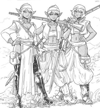 3girls bare_arms boots breasts cleavage closed_mouth commentary english_commentary full_body gun high_heel_boots high_heels holding holding_gun holding_weapon knee_boots light_smile multiple_girls navel original pointy_ears shabazik standing sword weapon