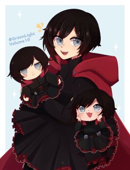 3: absurdres belt black_dress black_hair blush cape chibi chumi dress frilled_skirt frills grey_eyes high_collar highres multiple_girls multiple_persona open_mouth red_cape ruby_rose rwby short_hair skirt sparkle