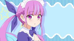 1girl :o animated blue_background blue_bow blue_dress blue_hair blue_ribbon blunt_bangs blush bow braid closed_eyes closed_mouth colored_inner_hair commentary dress hair_ribbon highres hololive long_hair looking_at_viewer maid_headdress minato_aqua minato_aqua_(1st_costume) multicolored_hair parted_lips puffy_short_sleeves puffy_sleeves purple_eyes purple_hair ribbon short_sleeves sidelocks smile solo star_(symbol) star_symbol_background striped_background twintails two-tone_hair upper_body vertical_stripes video virtual_youtuber x-6