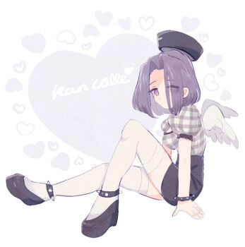 Rule 34 | 1girl, alternate costume, black shoes, black skirt, bracelet, breasts, commentary, copyright name, feathered wings, gingham shirt, grey shirt, hair intakes, hair over one eye, halo, heart, jewelry, kantai collection, large breasts, looking at viewer, mechanical halo, medium hair, miyako (xxxbibit), platform shoes, purple eyes, purple hair, shirt, shirt tucked in, shoes, short sleeves, simple background, sitting, skirt, solo, spiked bracelet, spikes, symbol-only commentary, tatsuta (kancolle), thighhighs, white thighhighs, white wings, wings