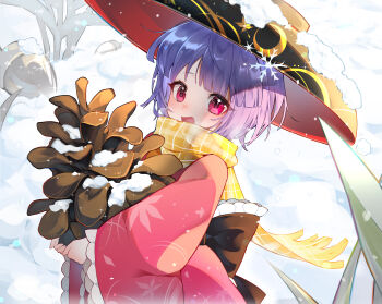 1girl absurdres bowl bowl_hat breath commentary frilled_sleeves frills hat highres holding japanese_clothes kimono long_sleeves looking_at_viewer mini_person minigirl open_mouth outdoors pinecone pink_eyes pink_kimono plaid_clothes plaid_scarf purple_hair samon_(vxxr8575) scarf smile snow snow_on_headwear snowflakes solo sukuna_shinmyoumaru touhou wide_sleeves winter yellow_scarf