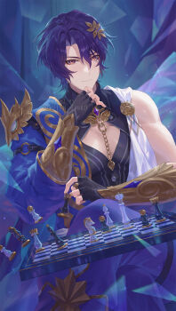 Rule 34 | 1boy, arm strap, black gloves, black shirt, blue hair, blue pants, board game, brooch, chain, chess, chess piece, chessboard, cleavage cutout, clothing cutout, collared shirt, crossed legs, dr. ratio (honkai: star rail), fingerless gloves, gloves, hair ornament, helen zzhao, highres, holding, holding chess piece, honkai: star rail, honkai (series), jewelry, long sleeves, male focus, mask on shoulder, muscular, muscular male, o-ring, o-ring arm strap, pants, red eyes, sash, shirt, short hair, single bare arm, smile, solo, watermark