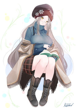 Rule 34 | 1girl, azur lane, beret, blue sweater, book, boots, breasts, full body, glasses, grey hair, hat, highres, holding, holding book, large breasts, livetarica, long hair, long sleeves, looking at viewer, plaid clothes, plaid skirt, ribbed sweater, shangri-la (azur lane), shangri-la (utopia's collector) (azur lane), shawl, signature, simple background, sitting, skirt, smile, solo, sweater, turtleneck, turtleneck sweater, very long hair, white background, yellow eyes