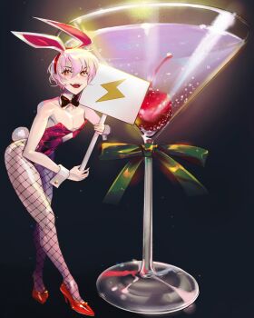 Rule 34 | 1girl, :d, alcohol, animal ears, armpit crease, bare arms, bare shoulders, bent over, black background, black bow, black bowtie, bow, bowtie, breasts, bubble, cherry, clothing cutout, cocktail glass, collar, collarbone, crossdressing, crossed legs, cup, darkstalkers, detached collar, drinking glass, ecstasy, eyelashes, fake animal ears, fake tail, fangs, fishnet pantyhose, fishnets, food, fruit, full body, gradient background, green bow, green ribbon, hair between eyes, hairband, high heels, highleg, highleg leotard, highres, holding, holding sign, leaning, leaning forward, leaning on object, leotard, light particles, lightning bolt symbol, lilith (darkstalkers), looking at viewer, male focus, male playboy bunny, open mouth, orange eyes, oversized food, oversized object, pantyhose, pectoral cleavage, pectorals, pink hair, playboy bunny, protected link, pumps, rabbit ears, rabbit tail, red eyes, red hairband, red leotard, ribbon, rozavamp, shiny clothes, shoes, short hair, sign, simple background, small breasts, smile, solo, standing, stiletto heels, strapless, strapless leotard, tail, teeth, traditional bowtie, trap, upper teeth only, v-shaped eyebrows, water drop, watson cross, white collar, white hair, white wrist cuffs, wrist cuffs, yellow eyes
