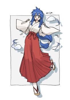 Rule 34 | 1girl, azumaya toushirou, blue hair, commentary request, full body, highres, japanese clothes, long hair, looking at viewer, low-tied long hair, miko, open mouth, original, red skirt, sandals, skirt, socks, solo, standing, standing on one leg, tabi, white socks, zouri