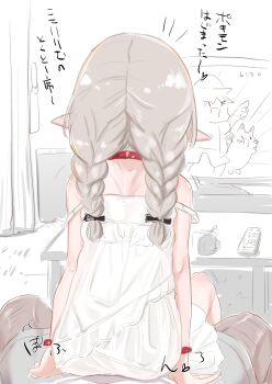 1boy 1girl bare_shoulders belt_collar braid collar facing_away from_behind grey_hair hetero highres loli makaino_ririmu makaino_ririmu_(3rd_costume) nijisanji pointy_ears shirt sitting sitting_on_lap sitting_on_person strap_slip television twin_braids utsusumi_kio virtual_youtuber white_shirt