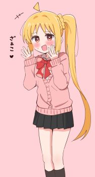 1girl :d black_skirt blonde_hair blush bocchi_the_rock! bow cardigan erinko604 hair_ornament hair_scrunchie highres ijichi_nijika kneehighs long_hair long_sleeves looking_at_viewer mesugaki_pose open_mouth pink_background pleated_skirt red_bow school_uniform scrunchie skirt smile socks solo striped_background twintails very_long_hair