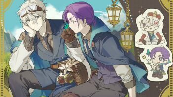 2boys absurdres ballro belt black_pants blue_lock blue_vest brown_belt brown_gloves bug butterfly chibi flower gloves hand_on_own_cheek hand_on_own_face highres insect mikage_reo multiple_boys nagi_seishirou pants ponytail purple_hair short_ponytail simple_background vest white_flower white_hair yaoi