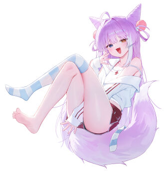 Rule 34 | 1girl, ahoge, blue eyes, commentary, cone hair bun, crossed legs, dolphin shorts, double bun, fang, fox girl, fox tail, full body, hair bun, hair intakes, hair ornament, hair rings, hand up, heterochromia, highres, huhi (huhi 1211), knees up, long hair, looking at viewer, multicolored hair, open mouth, pom pom (clothes), pom pom hair ornament, purple hair, red shorts, shorts, simple background, single bare foot, single bare shoulder, single off shoulder, single thighhigh, sitting, solo, stellive, strap slip, streaked hair, striped clothes, striped thighhighs, tail, tenko shibuki, thighhighs, thighs, two-tone hair, two-tone tail, untranslatable commentary, very long hair, virtual youtuber, white background, yellow eyes
