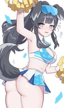 1girl absurdres animal_ears ass back black_hair blue_archive blue_eyes blush breasts cheerleader commentary_request dog_ears dog_girl dog_tail goggles goggles_on_head halo hibiki_(blue_archive) hibiki_(cheer_squad)_(blue_archive) highres holding holding_pom_poms long_hair looking_at_viewer millennium_cheerleader_outfit_(blue_archive) miniskirt official_alternate_costume open_mouth pom_pom_(cheerleading) pom_poms simple_background skirt solo tail upskirt white_background wt_zeroyama yellow_halo